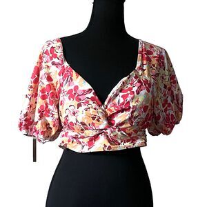 Women's Plus 3X‎ Floral Bikini Top Puff Sleeves  Back Tie Romantic-Cottagecore